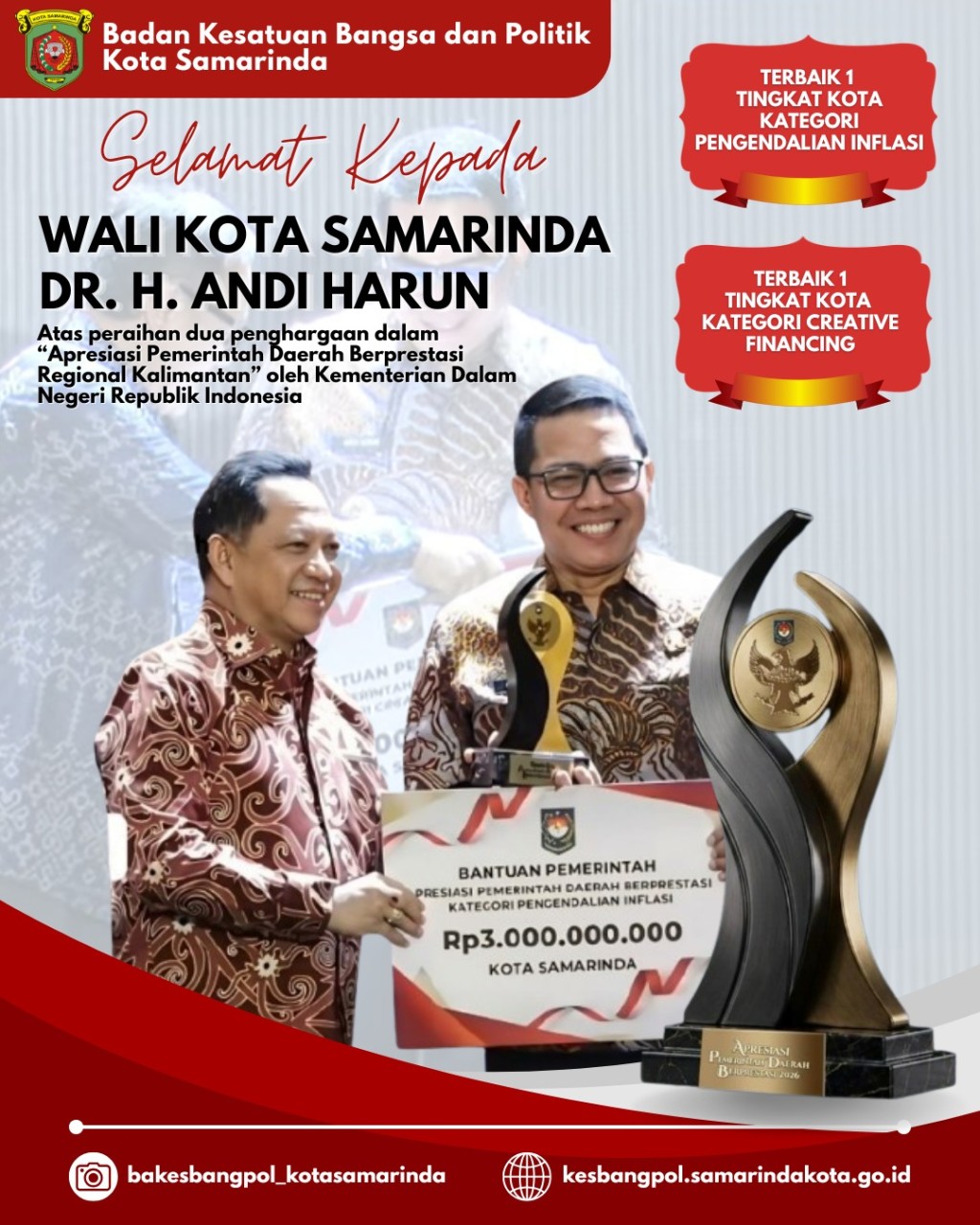 Wali Kota Samarinda, Andi Harun, Raih Dua Penghargaan Bergengsi dari Kemendagri